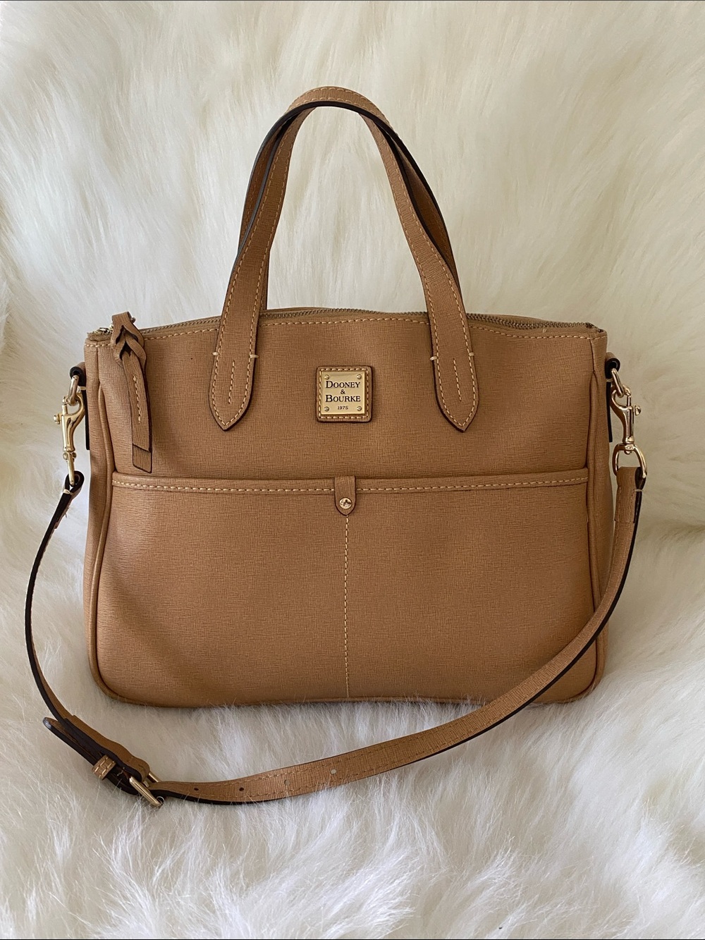 Dooney & Bourke Saffiano Leather Daniela Satchel in Desert Tan W/ Gold Hardware